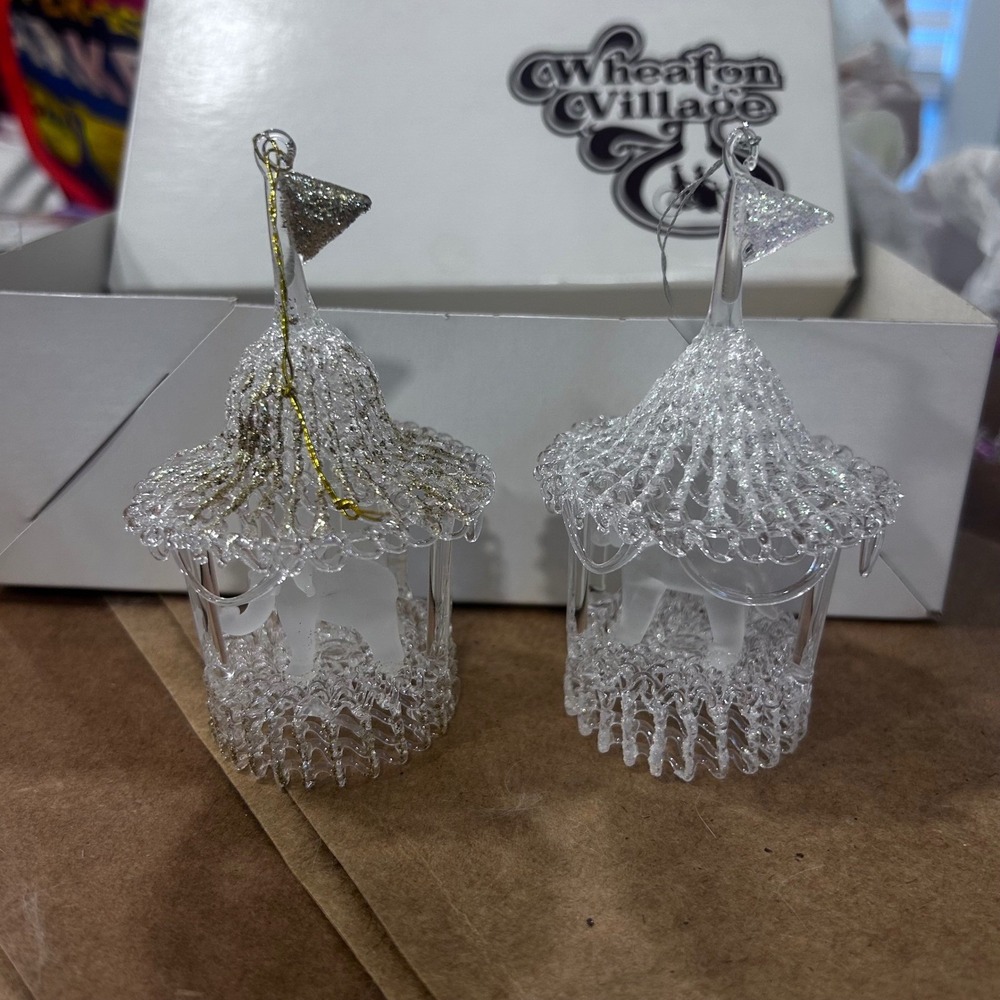 Wheaton Village Hand Blown Spun Glass Carousel Ornaments Lion Elephant Set 2